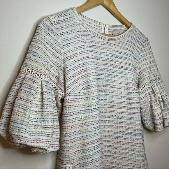 LOFT Colorful Boucle Tweed Puff Sleeve Shift Dress - Picture 3 of 9